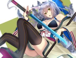 Rule 34 | 1girl, animal ears, bikini, bikini top only, black thighhighs, blue bow, blush, bow, breasts, cleavage, fox ears, fox girl, fox tail, hair between eyes, hair bow, halterneck, halterneck, highres, holding, holding sword, holding weapon, japanese clothes, katana, kimono, large breasts, long sleeves, multiple tails, obi, off shoulder, onineko-chan, open mouth, original, ponytail, sash, scabbard, sheath, silver hair, solo, swimsuit, sword, tail, thighhighs, weapon, wide sleeves, yellow eyes