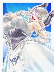 Rule 34 | 1girl, blush, breasts, cleavage, demon girl, demon horns, demon wings, dress, duel monster, gloves, glowing, glowing eye, grey eyes, heart (symbol), highres, horns, large breasts, lovely labrynth of the silver castle, low wings, mamayu, multiple wings, ojou-sama pose, pointy ears, smile, solo, transparent wings, twintails, white gloves, white hair, white horns, wings, yu-gi-oh!, zidai okuraven, zidaiokuraven