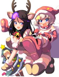 Rule 34 | 10s, 3girls, :d, animal costume, animal ears, antlers, bell, black hair, blonde hair, blue eyes, boots, breasts, brown footwear, brown shirt, brown shorts, candy, candy cane, carrying, christmas ornaments, christmas tree, christmas tree costume, clara (girls und panzer), cleavage, collar, commentary request, crop top, deer ears, detached sleeves, dress, fang, food, foreshortening, fur-trimmed collar, fur trim, garland (decoration), girls und panzer, gloves, hat, highres, holly, horns, jingle bell, katyusha (girls und panzer), kneeling, large breasts, long hair, looking at viewer, midriff, mittens, multiple girls, nonna (girls und panzer), open mouth, piggyback, red collar, red dress, red footwear, red gloves, red hat, red mittens, reindeer antlers, reindeer costume, santa costume, santa hat, shirt, short hair, short shorts, short sleeves, shorts, smile, snowflake print, standing, strapless, strapless dress, sw (taco), swept bangs, thigh boots, thighhighs, white background