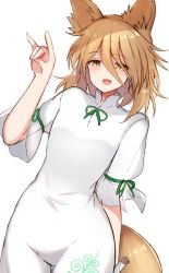 Rule 34 | 1girl, animal ears, blonde hair, blush, bow, breasts, commentary request, finger touching, fox ears, fox tail, green bow, green ribbon, hair between eyes, hand up, highres, kudamaki tsukasa, looking at viewer, open mouth, puffy short sleeves, puffy sleeves, ribbon, romper, short hair, short sleeves, simple background, small breasts, smile, solo, standing, tail, test tube, tksand, touhou, white background, white romper, yellow eyes