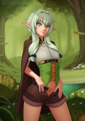Rule 34 | 1girl, belt, belt buckle, black belt, blush, bow, breasts, brown shorts, buckle, cape, commentary, cowboy shot, deilan12, elf, english commentary, forest, goblin slayer!, green eyes, green hair, high elf archer (goblin slayer!), highres, long hair, looking at viewer, nature, no panties, open clothes, open shorts, outdoors, pointy ears, short shorts, shorts, sidelocks, small breasts, smile, solo, tree, watermark, web address