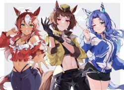 Rule 34 | 3girls, absurdres, ahoge, animal ears, bare shoulders, black gloves, black pants, black shorts, blue hair, blue jacket, blue pants, blurry, blush, breasts, brown hair, byerley turk (umamusume), cleavage, closed mouth, dark-skinned female, dark skin, darley arabian (umamusume), depth of field, ear covers, ear ornament, from below, garrison cap, gloves, godolphin barb (umamusume), green eyes, grey background, hand up, hat, high collar, highres, horse ears, horse girl, horse tail, horseshoe ornament, index finger raised, jacket, jewelry, long hair, long sleeves, looking at viewer, medium breasts, midriff, misoni (mi so ni t), multicolored hair, multiple girls, navel, necklace, off-shoulder shirt, off shoulder, one eye closed, open clothes, open jacket, outstretched hand, pants, parted bangs, peaked cap, purple eyes, red shirt, scar, scar across eye, scarf, shirt, short hair, short shorts, shorts, sidelocks, simple background, smile, streaked hair, suspenders, tail, track jacket, umamusume, white hair, white scarf, yellow headwear, yellow jacket