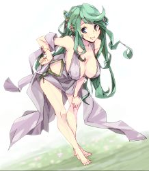 Rule 34 | 1girl, amami amayu, barefoot, bent over, blue eyes, breasts, cleavage, dress, dutch angle, feet, flower, green hair, hair flower, hair ornament, hand on own hip, hand on own knee, hanging breasts, large breasts, long hair, looking at viewer, monster collection, no bra, oekaki, simple background, smile, solo, white background