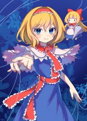 Rule 34 | 1girl, alice margatroid, blonde hair, blue background, blue dress, blue eyes, bow, capelet, dress, e sdss, foreshortening, hair bow, hairband, highres, looking at viewer, sash, shanghai doll, short hair, smile, touhou