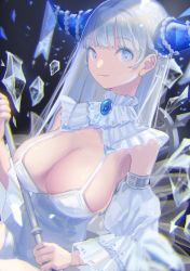 Rule 34 | 1girl, blue eyes, breasts, cleavage, closed mouth, detached sleeves, dress, fujie-yz, gem, highres, holding, horn ornament, horns, ice, large breasts, long hair, looking at viewer, original, silver hair, simple background, solo, upper body, white dress, white sleeves