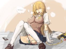Rule 34 | 1girl, ahegao, archvermin, blonde hair, breasts, collaboration, discreet vibrator, drooling, elbow gloves, fucked silly, gloves, highres, impossible clothes, knees together feet apart, large breasts, long hair, panties (pantsu-pirate), pussy juice, school uniform, sex toy, shokuhou misaki, solo, sweater vest, thighhighs, toaru kagaku no railgun, toaru majutsu no index, vibrator, white gloves, white thighhighs, yellow eyes