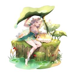 Rule 34 | 1girl, animal, armlet, artist request, bare arms, bare legs, bare shoulders, barefoot, breasts, cattail, cleavage, dress, drooling, eversoul, fairy wings, flower, flower ornament, full body, game cg, green dress, grey hair, hair flower, hair ornament, hairband, highres, leaf, leaf umbrella, lily pad, looking at viewer, medium breasts, mushroom, naiah (eversoul), neck ribbon, non-web source, off shoulder, official alternate costume, official alternate hairstyle, official art, plant, pointy ears, purple eyes, ribbon, sitting, sleeping, solo, tachi-e, thigh strap, transparent background, vines, water, water drop, wings