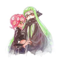 Rule 34 | 2girls, :|, agent 3 (splatoon), agent 8 (splatoon), black cape, bright pupils, cape, chinese commentary, closed mouth, crop top, film grain, green hair, headgear, high-visibility vest, highres, inkling, inkling girl, inkling player character, long hair, long sleeves, medium hair, multiple girls, nintendo, octoling, octoling girl, octoling player character, orange eyes, pink hair, simple background, splatoon (series), splatoon 2, splatoon 2: octo expansion, suction cups, tentacle hair, thenintlichen96, very long hair, white background, white pupils, yellow eyes