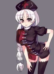 Rule 34 | 1girl, adapted costume, alternate color, alternate eye color, bad id, bad pixiv id, black dress, black panties, black thighhighs, blush, bow, braid, breasts, cross print, dress, eyes visible through hair, gorota, grey background, hair bow, hand on own hip, hand on own thigh, hat, lace, lace-trimmed legwear, lace trim, leaning forward, long hair, looking at viewer, multicolored clothes, multicolored dress, nose blush, nurse cap, panties, pantyshot, pink lips, puffy short sleeves, puffy sleeves, purple eyes, red dress, shiny skin, short dress, short sleeves, simple background, single braid, smile, solo, standing, thighhighs, thighs, touhou, underwear, very long hair, white hair, yagokoro eirin