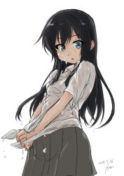 Rule 34 | 1girl, asashio (kancolle), black hair, blue eyes, commentary request, cowboy shot, dress shirt, fyuo, grey skirt, highres, kantai collection, long hair, looking at viewer, pleated skirt, shirt, short sleeves, simple background, skirt, solo, wet, wet clothes, white background, white shirt, wringing, wringing clothes
