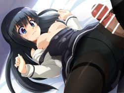 Rule 34 | 1girl, asashio (kancolle), bar censor, black hair, black pantyhose, blouse, blue eyes, blush, breasts, censored, clothes pull, crotch seam, dress, hair between eyes, hetero, imminent penetration, kantai collection, konpeto, long hair, looking at penis, lying, nipples, on back, open clothes, open shirt, panties, panties under pantyhose, pantyhose, penis, pinafore dress, school uniform, shirt, sleeveless dress, small breasts, spread legs, thighband pantyhose, underwear, wavy mouth, white shirt