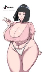 Rule 34 | 1girl, alternate breast size, belly, black hair, boruto: naruto next generations, breasts, cleavage, covered erect nipples, highres, huge breasts, hyuuga hinata, purple eyes, naruto (series), plump, short hair, smile, solo, thick thighs, thighs, ultivlad, wide hips