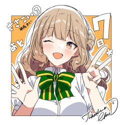 Rule 34 | 1girl, blush, border, bow, bowtie, breasts, brown eyes, brown hair, collared shirt, commentary, countdown, dress shirt, green bow, green bowtie, hand up, hands up, highres, large breasts, long hair, looking at viewer, official art, one eye closed, one side up, open mouth, outline, outside border, sasayaku you ni koi wo utau, satomiya momoka, school uniform, shirt, sidelocks, signature, smile, solo, takeshima eku, translated, upper body, white border, white outline, white shirt
