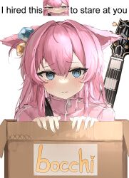 Rule 34 | 1girl, @ @, absurdres, animal ears, blue eyes, bocchi the rock!, closed mouth, commentary, english commentary, english text, gotoh hitori, guitar, highres, instrument, long hair, meme, ougiikun, pink hair, simple background, solo, upper body, white background