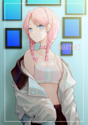 Rule 34 | 1girl, absurdres, arknights, black shorts, blue eyes, blue poison (arknights), blue poison (shoal beat) (arknights), border, bra, braid, breasts, choker, cleavage, closed mouth, commentary, cowboy shot, earrings, expressionless, hairband, highres, jacket, jewelry, looking at viewer, medium breasts, medium hair, miike (992058), off shoulder, official alternate costume, open clothes, open jacket, parted bangs, picture frame, pink choker, pink hair, shorts, solo, sports bra, standing, stomach, twin braids, twintails, underwear, white bra, white jacket