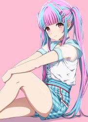 Rule 34 | 1girl, absurdres, arm on knee, bang dream!, blue hair, blue sailor collar, blue shorts, blunt bangs, blush, buttons, choker, closed mouth, commentary, cowboy shot, frilled shorts, frills, from side, hair ornament, hairclip, high-waist shorts, highres, knee up, long hair, looking at viewer, looking to the side, multicolored hair, noshimurin, nyubara reona, outstretched arms, pink background, pink eyes, pink hair, plaid, plaid shorts, purple choker, sailor collar, sailor shirt, see-through, see-through sleeves, shadow, shirt, shirt tucked in, short sleeves, shorts, sidelocks, simple background, sitting, smile, solo, streaked hair, two-tone hair, very long hair, white shirt, x hair ornament