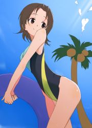Rule 34 | 10s, 1girl, black one-piece swimsuit, blush, breasts, brown eyes, brown hair, cloud, day, denkaisui, female focus, girls und panzer, isobe noriko, one-piece swimsuit, palm tree, short hair, sky, small breasts, smile, solo, sweat, swimsuit, tree