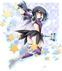 Rule 34 | 1girl, ankle boots, black hair, boots, checkered background, fate/kaleid liner prisma illya, fate (series), hair ornament, hairclip, kaleidostick, kamiya tomoe, magical girl, magical sapphire, miyu edelfelt, panties, ponytail, purple panties, red eyes, smile, solo, underwear, wand, yellow eyes