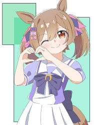 Rule 34 | 1girl, ;), animal ears, black bow, blush, bow, brown eyes, brown hair, commentary request, green background, hair between eyes, hair bow, hands up, head tilt, heart, heart hands, highres, horse ears, horse girl, horse tail, kapuru 0410, looking at viewer, one eye closed, pink bow, pleated skirt, puffy short sleeves, puffy sleeves, purple bow, purple shirt, school uniform, shirt, short sleeves, skirt, smart falcon (umamusume), smile, solo, tail, tracen school uniform, twintails, two-tone background, umamusume, white background, white skirt