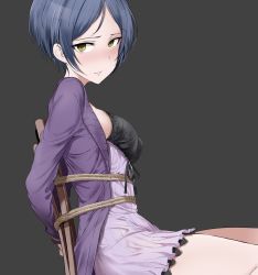 Rule 34 | 10s, 1girl, arms behind back, bdsm, black background, black bra, blue hair, blush, bondage, bound, bound arms, bra, breasts, chair, dickbomber, dress, from side, hayami kanade, highres, idolmaster, idolmaster cinderella girls, jacket, looking at viewer, looking to the side, medium breasts, open clothes, open jacket, pink dress, purple jacket, rope, shibari, short hair, simple background, sitting, solo, teardrop, thighs, tied to chair, tsurime, underwear, yellow eyes