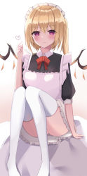 Rule 34 | 1girl, absurdres, alternate costume, alternate eye color, aohane, apron, arm support, ass, bad hands, black dress, blonde hair, blush, bow, bowtie, dress, enmaided, flandre scarlet, gradient background, hair between eyes, hand up, heart, highres, knees together feet apart, knees up, looking at viewer, maid, maid apron, maid headdress, panties, pantyshot, puffy sleeves, purple eyes, simple background, sitting, solo, thighhighs, thighs, touhou, underwear, white background, white thighhighs, wings