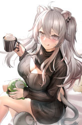 Rule 34 | 1girl, :q, ahoge, animal ears, bare legs, black nails, black sweater, blush, breasts, cleavage, cleavage cutout, clothing cutout, cup, dress, ear piercing, from behind, grey eyes, grey hair, hair between eyes, himonoata, holding, holding cup, hololive, large breasts, lion ears, lion girl, lion tail, long sleeves, looking at viewer, looking back, messy hair, nail polish, piercing, shishiro botan, sidelocks, simple background, sitting, solo, ssrb (shishiro botan), sweater, sweater dress, tail, tongue, tongue out, two side up, virtual youtuber, white background