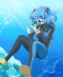 Rule 34 | 1girl, air bubble, blue eyes, blue hair, bodysuit, breasts, bubble, commission, coral reef, diving mask, diving regulator, diving suit, fish, flippers, goggles, hair bobbles, hair ornament, highres, kawashiro nitori, light rays, rise (rise19851203), school of fish, scuba, scuba gear, scuba tank, skeb commission, solo, sunbeam, sunlight, touhou, tropical fish, two side up, underwater, underwear, wetsuit