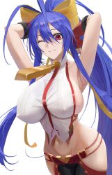 Rule 34 | 1girl, antenna hair, armpits, arms behind head, backless outfit, blazblue, blazblue: central fiction, blazblue remix heart, blazblue variable heart, blue hair, blush, bow, breasts, covered erect nipples, curvy, gloves, hair between eyes, hair bow, highres, kaeru (meriruou), large breasts, legs, long hair, looking at viewer, mai natsume, midriff, navel, one eye closed, ponytail, revealing clothes, ribbon, sideboob, sidelocks, smile, solo, thick thighs, thighs, toned, very long hair, wide hips, wink, yellow bow