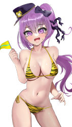 Rule 34 | 1girl, absurdres, amy (shadowverse), animal print, artist request, bikini, blush, bow, breasts, cleavage, collarbone, commentary request, cowboy shot, embarrassed, facial mark, fingernails, flag, hair between eyes, hair bow, hand up, hat, highres, holding, holding flag, long hair, looking at viewer, medium breasts, mini flag, mini hat, navel, open mouth, peaked cap, purple eyes, purple hair, shadowverse, side-tie bikini bottom, side ponytail, sidelocks, simple background, solo, stomach, sweat, swimsuit, tears, thick eyelashes, tiger print, white background