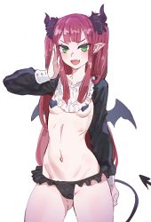 Rule 34 | 1girl, :d, black panties, blush, bow (bhp), breasts, demon horns, demon tail, fang, frilled panties, frills, green eyes, hand up, heart pasties, horns, long hair, long sleeves, looking at viewer, navel, open mouth, panties, pasties, pointy ears, red hair, rizu-kyun, shrug (clothing), skin fang, small breasts, smile, solo, sono bisque doll wa koi wo suru, tail, two side up, underwear, very long hair