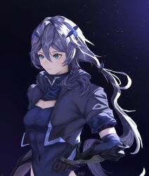 Rule 34 | 1girl, black bodysuit, black gloves, black jacket, blue eyes, blue hair, bodysuit, breasts, cleavage, cleavage cutout, clothing cutout, covered abs, covered navel, elbow gloves, flubstered, fu hua, fu hua (shadow knight), gloves, grey hair, highres, honkai (series), honkai impact 3rd, jacket, long sleeves, low ponytail, medium breasts, official alternate costume, open clothes, open jacket, parted lips, ponytail, solo, upper body