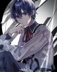 Rule 34 | 1boy, 25-ji kaito, absurdres, bishounen, blue eyes, blue hair, collared shirt, commentary request, dark blue hair, eyelashes, frilled sleeves, frills, hair between eyes, highres, kaito (vocaloid), knees up, looking at viewer, male focus, nidu (2du du), o-ring, pale skin, project sekai, shirt, short hair, sitting, solo, vocaloid