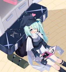 Rule 34 | 1girl, absurdres, belt, black suit (blue archive), blue archive, blush, capelet, commentary request, doodle sensei (blue archive), floor, green eyes, green hair, hair ornament, hair over one eye, hairclip, halo, hat, highres, hiyori (blue archive), knees up, long hair, long sleeves, looking at viewer, magazine (object), momip, on floor, panties, pantyshot, peaked cap, reading, sensei (blue archive), side ponytail, sidelocks, sitting, skirt, solo, underwear, white skirt