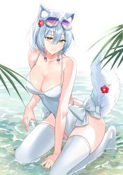 Rule 34 | 1girl, absurdres, animal ears, bare shoulders, blue hair, breasts, brown eyes, cleavage, closed mouth, collarbone, competition swimsuit, eyewear on head, flower, hair flower, hair ornament, hand on floor, highres, large breasts, lips, looking at viewer, lovey (pride of eden), medium hair, on water, one-piece swimsuit, red: pride of eden, simple background, sitting, solo, swimsuit, tail, thighhighs, thighs, wet, white one-piece swimsuit, white thighhighs, xiaoxiao de kuangsan