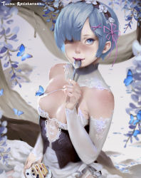 Rule 34 | 10s, 1girl, artist name, bare shoulders, blue eyes, blue hair, blueberry, breasts, breasts apart, bug, butterfly, cake, food, fruit, hair ornament, hair over one eye, highres, holding, holding spoon, insect, maid, maid headdress, matching hair/eyes, mole, mole on breast, mole on shoulder, plate, re:zero kara hajimeru isekai seikatsu, realistic, rem (re:zero), short hair, small breasts, solo, spoon, teemu taiga, x hair ornament