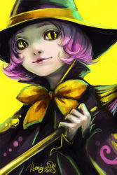 Rule 34 | 00s, 1girl, 2009, bow, broom, halloween, hat, lips, pink hair, short hair, slit pupils, solo, tirael, witch, witch hat, yellow background, yellow eyes