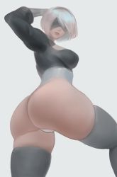 Rule 34 | ass, back, black dress, black thighhighs, blindfold, boots, breasts, cleavage cutout, clothing cutout, dress, gloves, hairband, hand in own hair, high heel boots, high heels, looking at viewer, looking back, medium breasts, mole, mole under mouth, nextoad, nier (series), nier:automata, puffy sleeves, solo, thighhighs, white background, white gloves, white hair, 2b (nier:automata)