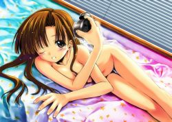 Rule 34 | 00s, 1girl, bed, brown eyes, brown hair, clock, collarbone, comic party, completely nude, flat chest, lying, mikage subaru, nude, on side, solo, thigh gap