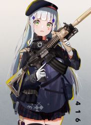 Rule 34 | 1girl, assault rifle, beret, black thighhighs, blunt bangs, blush, breasts, character name, clothes writing, cowboy shot, facial mark, girls&#039; frontline, gloves, gradient background, green eyes, gun, h&amp;k hk416, hair ornament, hat, heckler &amp; koch, hk416 (girls&#039; frontline), holding, holding gun, holding weapon, jacket, kinoruru toiro, long hair, looking at viewer, magazine (weapon), medium breasts, open mouth, plaid, plaid skirt, pleated skirt, pouch, rifle, silver hair, skirt, solo, teardrop, thigh pouch, thigh strap, thighhighs, trigger discipline, very long hair, weapon
