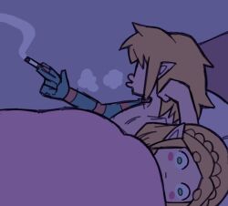 Rule 34 | 1boy, 1girl, 1koma, :|, ayyk92, bed, blonde hair, blowing smoke, cigarette, closed mouth, comic, green eyes, holding, holding cigarette, link, lying, medium hair, nintendo, nude, on back, on bed, on side, pillow, pointy ears, princess zelda, silent comic, smoking, the legend of zelda, the legend of zelda: tears of the kingdom, under covers