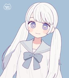 Rule 34 | 1girl, blue background, blush, bow, bright pupils, emma (kumaema), grey bow, grey neckwear, grey sailor collar, highres, long hair, long sleeves, looking at viewer, original, purple eyes, sailor collar, shadow, signature, simple background, smile, solo, twintails, upper body, white hair, white pupils