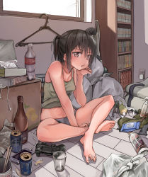 Rule 34 | 1girl, :i, arm support, bag, barefoot, beer can, black hair, bookshelf, bottle, brand name imitation, breasts, brown eyes, camisole, can, cellphone, chopsticks, clothes hanger, commentary request, controller, cup, drink can, drinking glass, dualshock, earphones removed, electric plug, feet, full body, game controller, gamepad, grey panties, head rest, highres, indian style, indoors, instant ramen, kabayaki namazu, kantai collection, looking at viewer, messy room, navel, nissin cup noodle, on floor, panties, phone, plastic bag, playstation controller, pout, sendai (kancolle), sitting, small breasts, smartphone, soda bottle, solo, spray bottle, tank top, tissue box, toes, underwear, underwear only, unworn socks, vacuum cleaner, window
