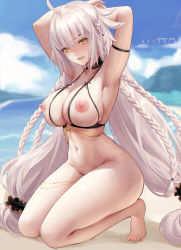 Rule 34 | 1girl, absurdres, arm strap, armpits, arms behind head, aztodio, barefoot, beach, bikini, bikini top only, black bikini, blue sky, bottomless, braid, breasts, cleavage, cloud, fate/grand order, fate (series), full body, highres, jeanne d&#039;arc (fate), jeanne d&#039;arc alter (avenger) (fate), jeanne d&#039;arc alter (fate), kneeling, large breasts, looking at viewer, navel, nippleless clothes, nipples, o-ring, o-ring bikini, o-ring top, ocean, shiny skin, sky, smile, solo, swimsuit, thick thighs, thighs, tsurime, white hair, yellow eyes