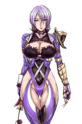 Rule 34 | 1girl, armlet, armor, asymmetrical clothes, bare hips, black beat, blue eyes, breasts, cameltoe, chainsword, choker, claws, cleavage, cleavage cutout, cleft of venus, clothing cutout, collarbone, covered navel, cowboy shot, cross-laced clothes, curvy, earrings, eyes visible through hair, flower, garter straps, gauntlets, gloves, groin, hair over one eye, half-closed eyes, highleg, highleg leotard, hip focus, holding, holding weapon, isabella valentine, jewelry, lace, large breasts, leotard, light purple hair, lips, lipstick, looking at viewer, makeup, parted lips, pauldrons, purple hair, purple thighhighs, short hair, shoulder armor, simple background, single gauntlet, snake, solo, soul calibur, soulcalibur, soulcalibur v, thigh gap, thighhighs, thighs, weapon, whip sword, white background