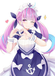 Rule 34 | 1girl, absurdres, ahoge, anchor symbol, blue hair, blunt bangs, blush, bow, bowtie, braid, breasts, closed mouth, cowboy shot, dress, dress bow, drill hair, hair bow, hands up, heart, heart hands, highres, hololive, long hair, looking at viewer, maid, maid headdress, medium breasts, minato aqua, minato aqua (1st costume), one eye closed, purple bow, purple bowtie, purple dress, purple eyes, short sleeves, sisoha, smile, solo, standing, sweat, twintails, virtual youtuber, white background, white bow, wrist cuffs