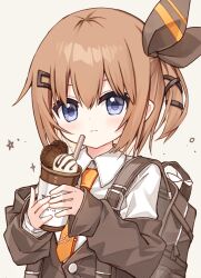 Rule 34 | 1girl, backpack, bag, black jacket, black ribbon, blue eyes, blush, brown hair, closed mouth, collared shirt, cookie, cup, disposable cup, drinking straw, food, grey background, hair between eyes, hair ornament, hair ribbon, hairclip, holding, holding cup, ice cream, jacket, looking at viewer, lucena winter, necktie, off shoulder, one side up, orange necktie, original, ribbon, shirt, simple background, solo, tie clip, upper body, white shirt, yuuhagi (amaretto-no-natsu)