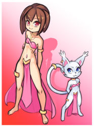 Rule 34 | 1girl, :3, animal, anklet, armlet, barefoot, blue eyes, blush, breasts, brown hair, cat, choker, clothed animal, collarbone, dancer, digimon, digimon (creature), digimon adventure, drantyno, earrings, gradient background, harem outfit, highres, jewelry, looking at viewer, midriff, multicolored background, navel, navel piercing, necklace, pelvic curtain, piercing, pink background, pink eyes, pink shirt, red background, shirt, short hair, single earring, small breasts, smile, standing, strapless, tail, tail ornament, tail ring, tailmon, thighlet, tube top, white background, white fur, yagami hikari