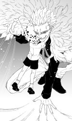Rule 34 | 2boys, age difference, aged down, cheese neko3, donquixote doflamingo, feather coat, fur hat, hat, height difference, highres, hug, long sleeves, male focus, monochrome, multiple boys, necktie, one piece, onii-shota, pants, shirt, shoes, short hair, short sleeves, shorts, size difference, smile, socks, sunglasses, teeth, thread, trafalgar law, yaoi