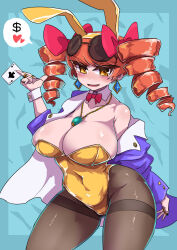 Rule 34 | 1girl, :d, animal ears, black pantyhose, blue background, bow, bowtie, breasts, cleavage, coat, covered navel, cowboy shot, detached collar, dollar sign, drill hair, earrings, enajii, eyewear on head, hair bow, heart, highres, jewelry, large breasts, leotard, looking at viewer, open mouth, orange eyes, orange hair, pantyhose, playboy bunny, purple coat, rabbit ears, red bow, red bowtie, round eyewear, smile, solo, speech bubble, spoken heart, standing, sunglasses, touhou, twin drills, yellow leotard, yorigami jo&#039;on