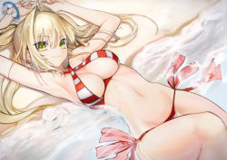 Rule 34 | 1girl, ahoge, armpits, arms up, beach, bikini, blonde hair, bracelet, breasts, cleavage, criss-cross halter, earrings, fate/grand order, fate (series), from above, green eyes, hair intakes, halterneck, jewelry, looking at viewer, lying, medium breasts, mins (minevi), navel, nero claudius (fate), nero claudius (fate) (all), nero claudius (swimsuit caster) (fate), on back, parted lips, partially submerged, side-tie bikini bottom, smile, solo, striped bikini, striped clothes, swimsuit, water
